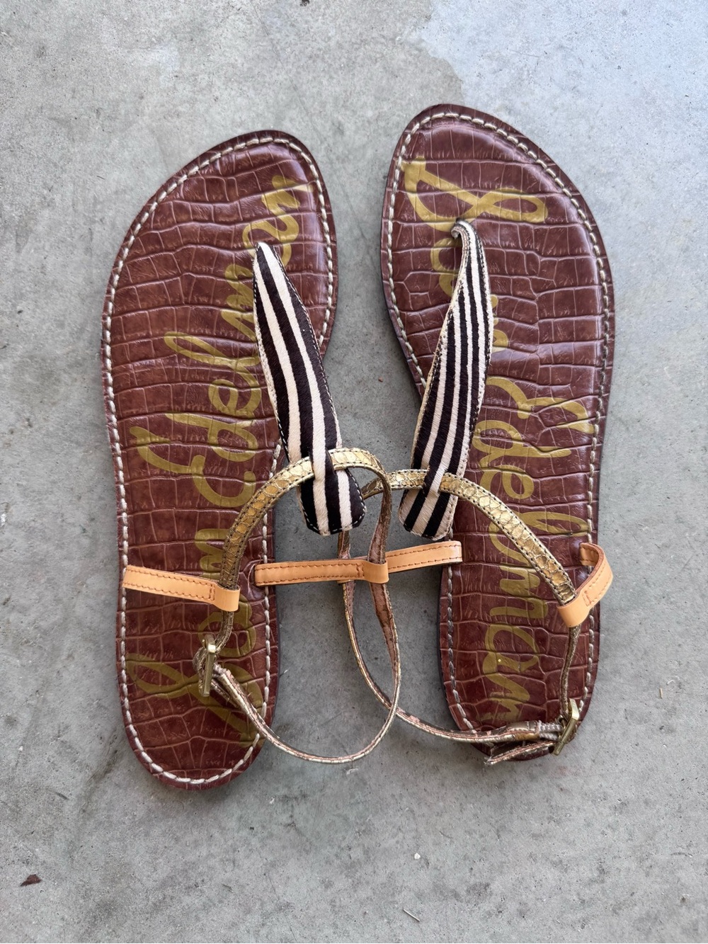 Sam Edelman Brown Croc-Embossed Sandals with Gold & Black-White Stripe